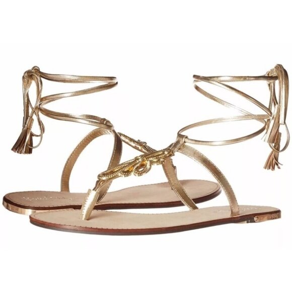 Lilly Pulitzer Pier Tie Up Tassel Gladiator Gold Leather Wrap-around Sandals 9M - Picture 1 of 8
